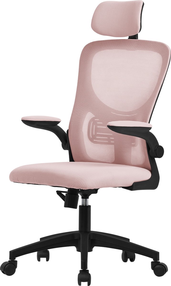 Ergonomische bureaustoel roze netstof met verstelbare hoofdsteun en wielen ML design