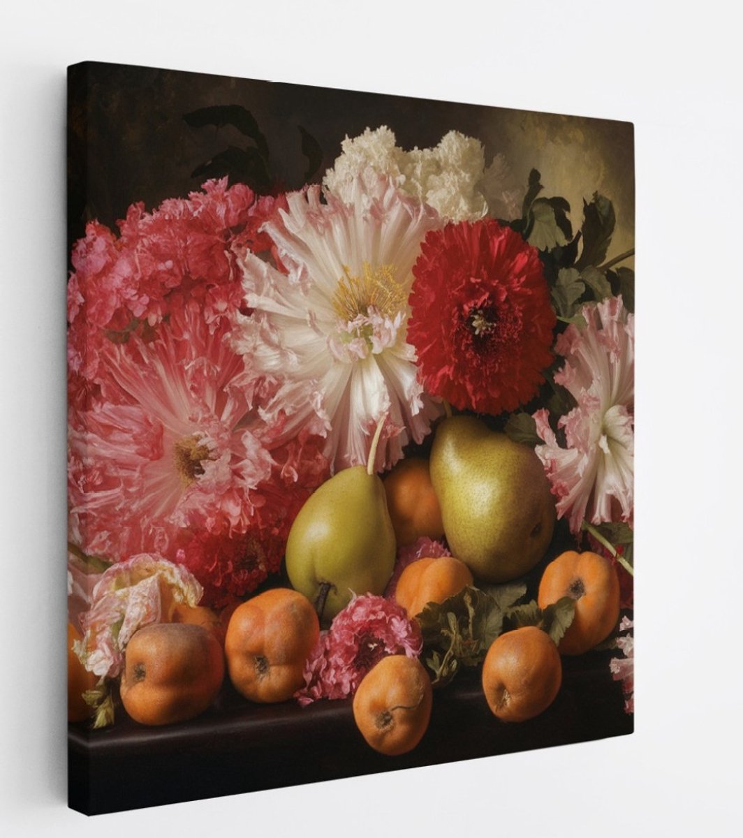 Saammp Canvas Schilderij - Bloemen en Vruchten - Klassiek Stilleven - Abstract - 30x30 - Foto op canvas - Wanddecoratie - Muurdecoratie Woonkamer - Kantoor Decoratie Multicolor