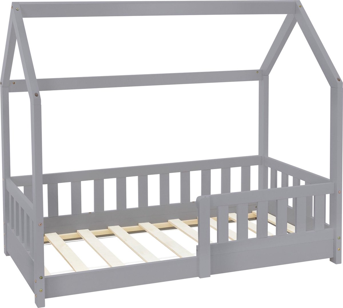 ML Design kinderbed series kinderbed 70x140 cm met valbeveiliging dak en lattenbodem lichtgrijs massief houten huisbed voor meisjes en jongens stabiel duurzaam jeugdbed van massief grenen hout multifunctioneel speelbed junior vloerbed huis design