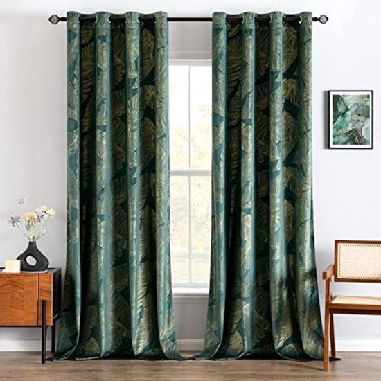 MIULEE Fluwelen gordijnen met gouden bladpatroon, groene gordijnen voor woonkamer, 2 stuks, 140 x 260 cm, elegante decoratie voor slaapkamer, zacht fluweel