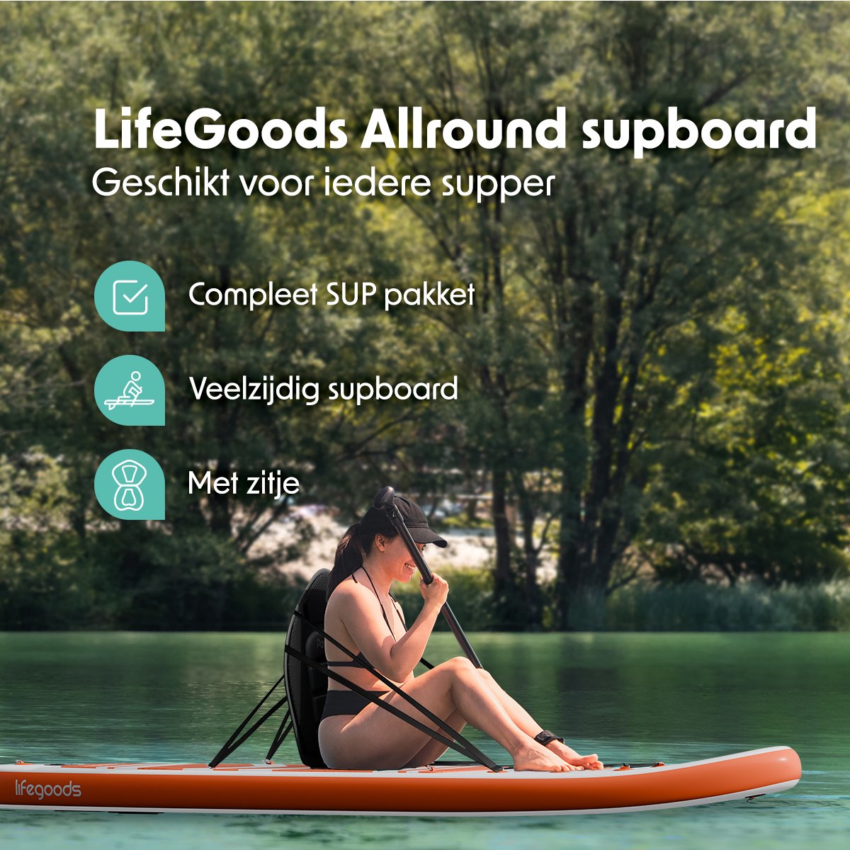 LifeGoods PaddlePro SUP Board - met Zitje - Opblaasbaar Paddle Board - Complete Set - Max. 150KG - 320x81cm - Wit/Oranje – foto 2