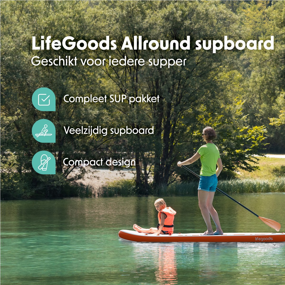 LifeGoods PaddlePro SUP Board - Opblaasbaar Paddle Board - Complete Set - Max. 150KG - 320x81cm - Wit/Oranje – foto 2