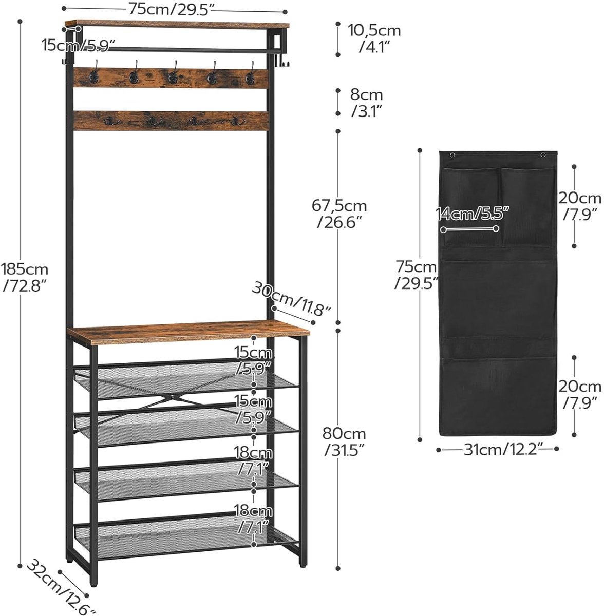 TRANKIELO® - Multifunctioneel Kledingrek met Schoenenrek – 5 Niveaus – Verstelbaar Metalen Rooster – Vintage Bruin – foto 5