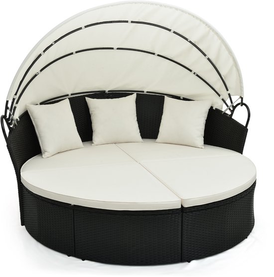 SureDeal® - Rond Ligbed - Terras - Oprolbaar Zonnescherm - Met Kussens - 187x180x157cm - Tuin - Loungeset - Tuinmeubel - Tuinbank - Slaapbank