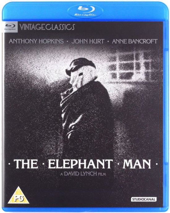 Voorkant van de blu-ray hoes van de film The Elephant Man, met een man in een hoed en jas, met de titel van de film.