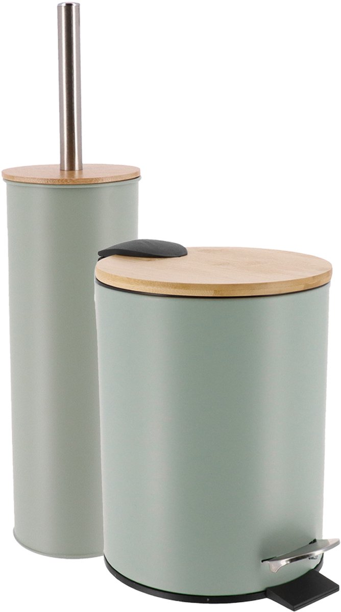 Tendance Badkamerset prullenbak en toiletborstel - Bamboo vibe - soft close - licht groen - 3 liter - metaal