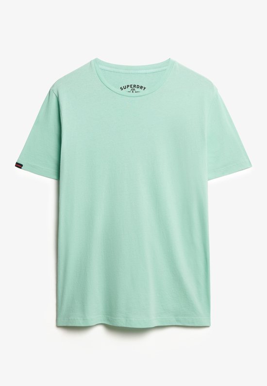 T-shirt Superdry vert menthe à manches courtes, col rond et petit logo rouge, blanc et bleu sur la manche gauche.