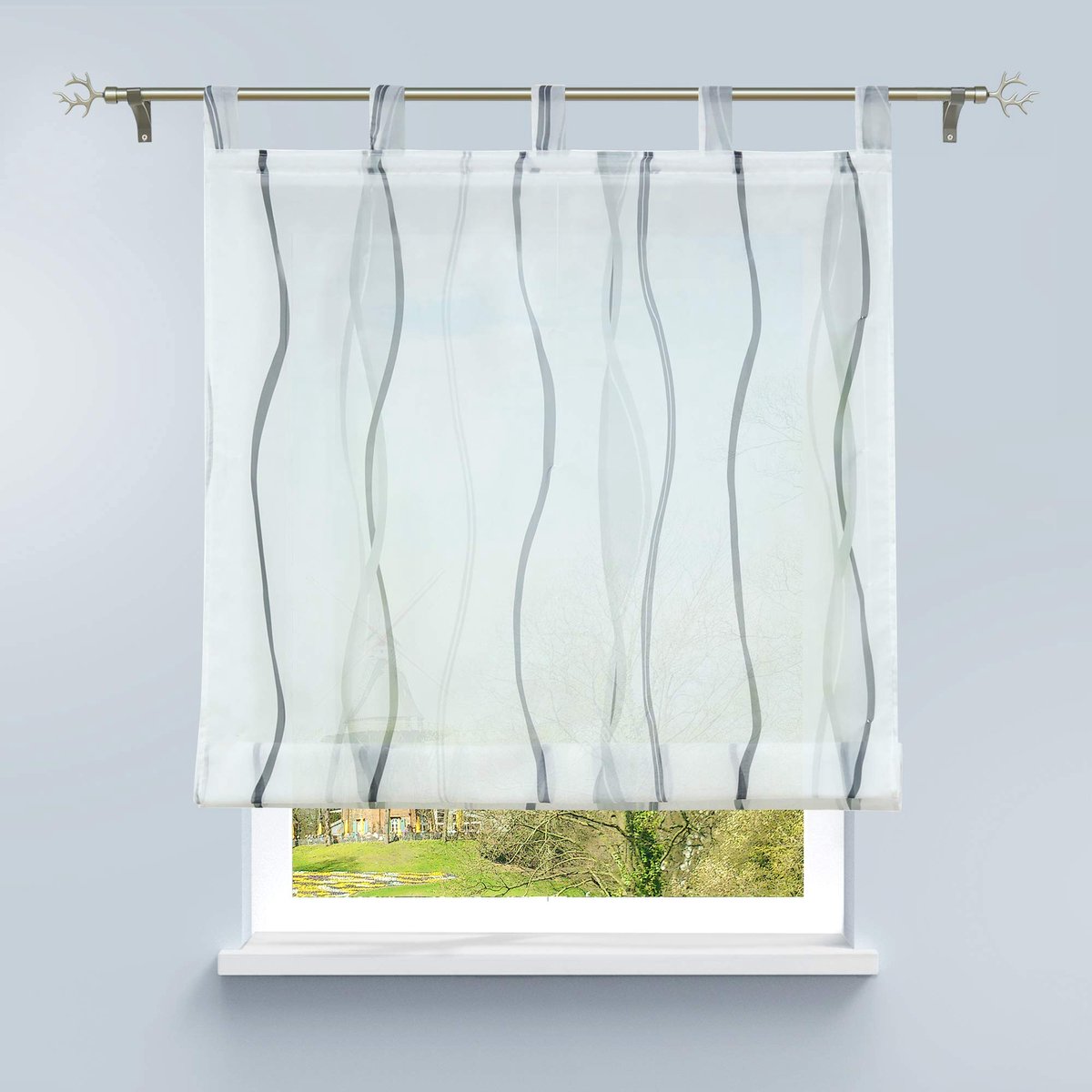 My Ninki ® Elegant Vouwgordijn met Golvend Ontwerp en Transparante Voile Afwerking, 140/80 cm, Wit en Zilver
