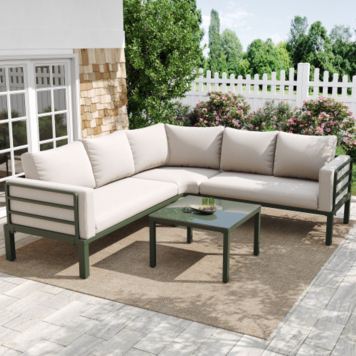 Tuinmeubelset (4-5 zitplaatsen), 1 salontafel van gehard glas, groen gegalvaniseerd ijzeren frame, comfortabel tuinmeubilair, beige zitkussens en kussens met verstelbare poten thumbnail 3