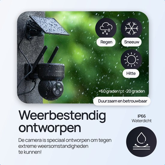 Zwarte Protectly beveiligingscamera, weerbestendig ontworpen voor regen, sneeuw en hitte. IP66 waterdicht.