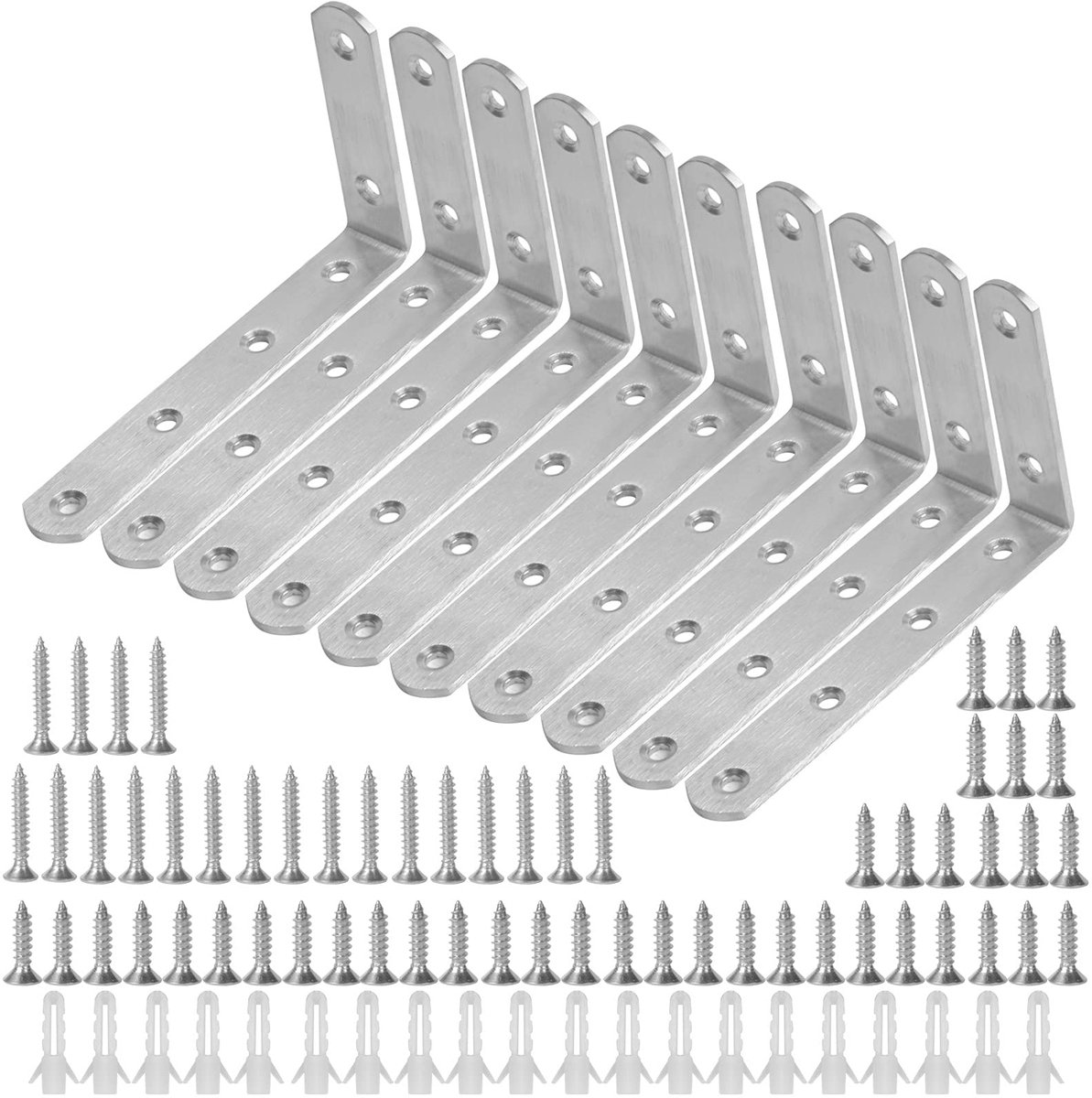 My Ninki ® Set van 10 L-vormige roestvrijstalen hoekbeugels voor meubels en planken met schroeven