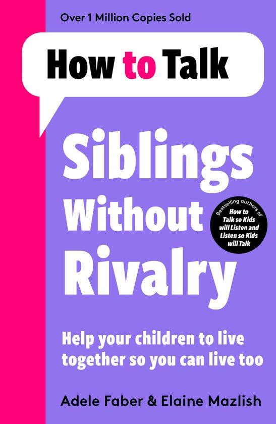 Boek 'How to Talk Siblings Without Rivalry' in paars met witte tekst en een roze achtergrond.