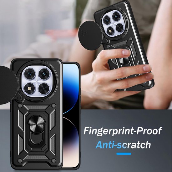 Zwarte telefoonhoes met ring en schuifje voor cameralens, anti-vingerafdruk en anti-kras.