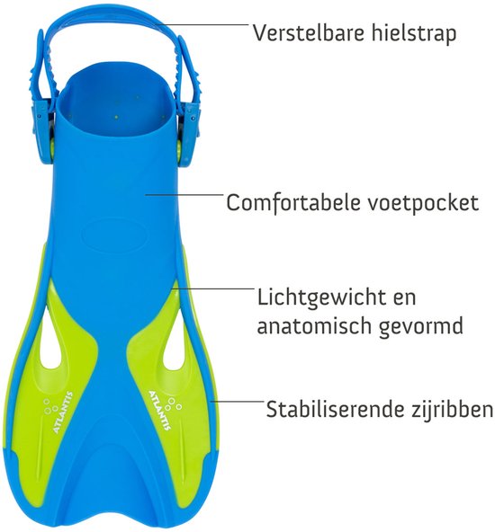 Blauwe en limegroene zwemvliezen met verstelbare hielband, comfortabele voetpocket.