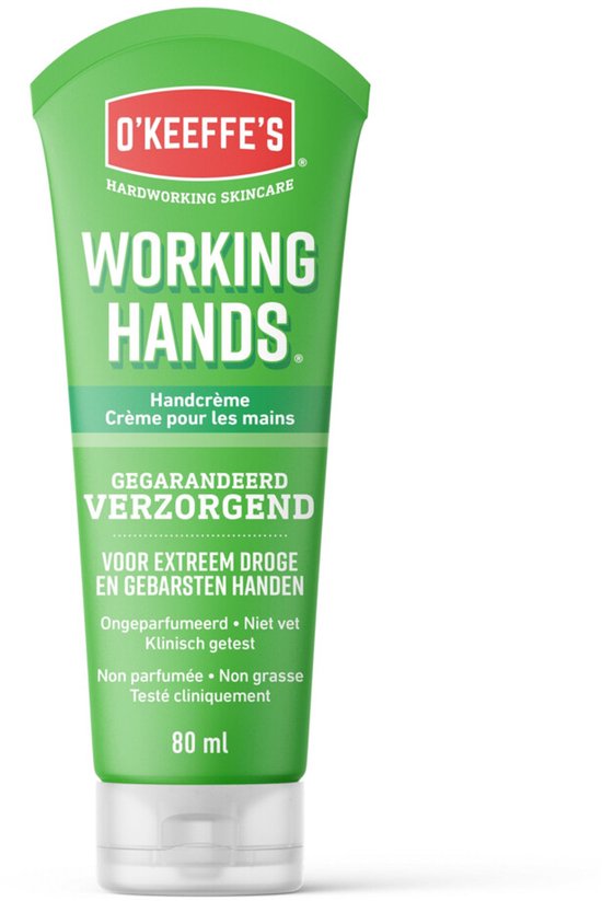 Groene tube O'Keeffe's Working Hands handcrème met rode opdruk. Bevat 80 ml.