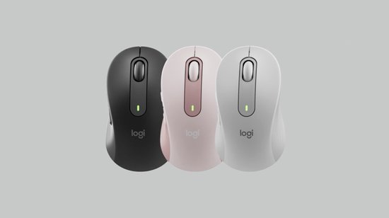 Drie Logitech M650 muizen in het zwart, lichtroze en grijs, naast elkaar.