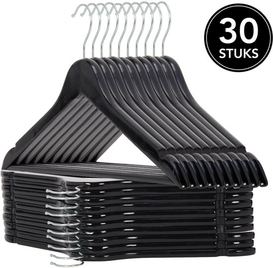 Infinity Goods 30 Houten Kledinghangers Zwart - Kleerhanger - Inkeping en Broeklat - Metalen Haak - Volwassenen - 30 Stuks