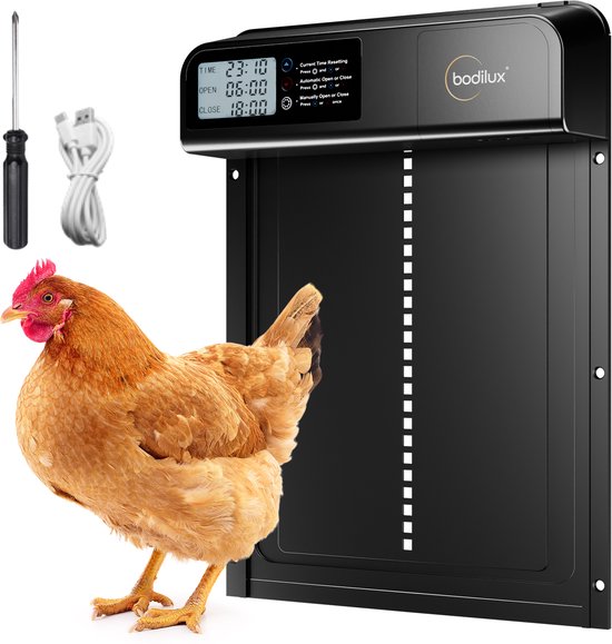 Bodilux® Porte Poulet Automatique Incl. Minuterie et Set d'assemblage à 3 piles, porte de poulet automatique, Chickenguard , ouvre-porte de poulailler, Zwart