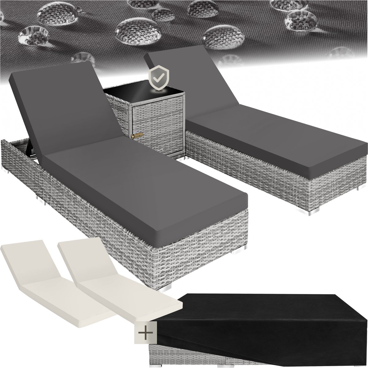Bol.com tectake® - 2 Luxe ligbedden - 3-Delige wicker ligbedden set met aluminium frame - Tuinmeubelset met 2 ligbedden - Inclus... aanbieding