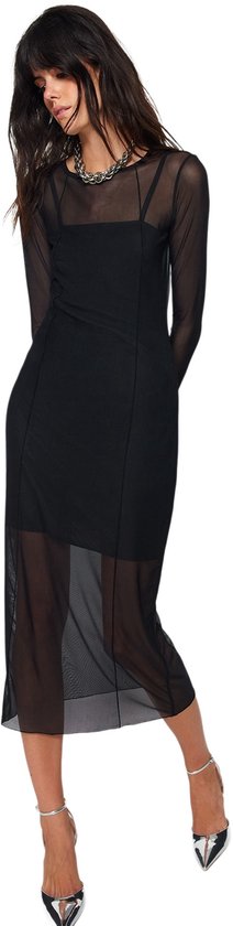 Trendyol manches Standard col rond corps cône robe midi ajustée en simili cuir noir avec doublure en tulle deuxaw24el00164