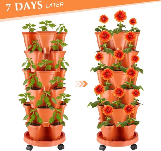 ZJTBDATG Verticale Plantenbak 6-Laags Stapelbare Plantenbakken Tuintorenplantenbakken Aardbeienkruid Bloemen- En Groenteplantenbak Binnen Buiten Tuinpotten Met Afneembare Wielen,F,5pcs