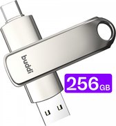 Buddi USB-C Stick 256GB | USB C en USB A | Dual Geheugenstick | USB 3.1 | Plug & Play | Universeel | Geschikt voor smartphones, tablets, PC en meer | Extra opslagruimte | Grijs