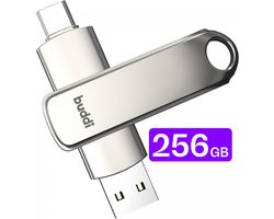Buddi USB-C Stick 256GB | USB C en USB A | Dual Geheugenstick | USB 3.1 | Plug & Play | Universeel | Geschikt voor smartphones, tablets, PC en meer | Extra opslagruimte | Grijs