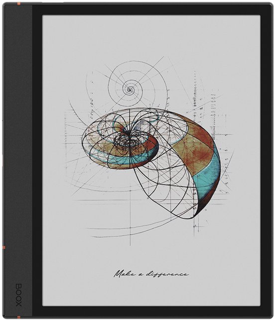 Zwart e-paper apparaat toont een schelp-achtige tekening met tekst.