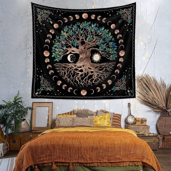 Wandtapijt met boom van het leven en de zon, maan, wandtapijt, zwart, wandtapijt, voor slaapkamer, esthetiek, thuis, woonkamer, slaapzaal, decoratie, 150 x 130 cm, zwart wit