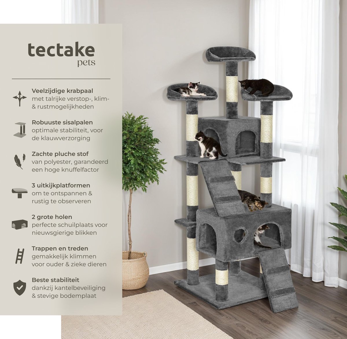 tectake® Kattenkrabpaal groot - Kattenboom met 3x sisal krabpaal en kattenaccessoires- 3x ligplaats en 1x kattenhuisje, 2x kattentrap - Middelhoog voor katten, kittens en katers - 170cm hoog - Grijs thumbnail 6