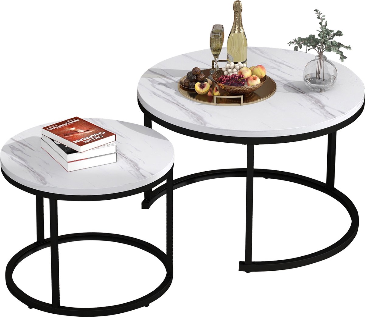 Merax - Ronde Salontafel Set van 2 - Bijzettafel in Elegant Design - Tafel met Stevig Frame - Wit Marmerlook met Zwart