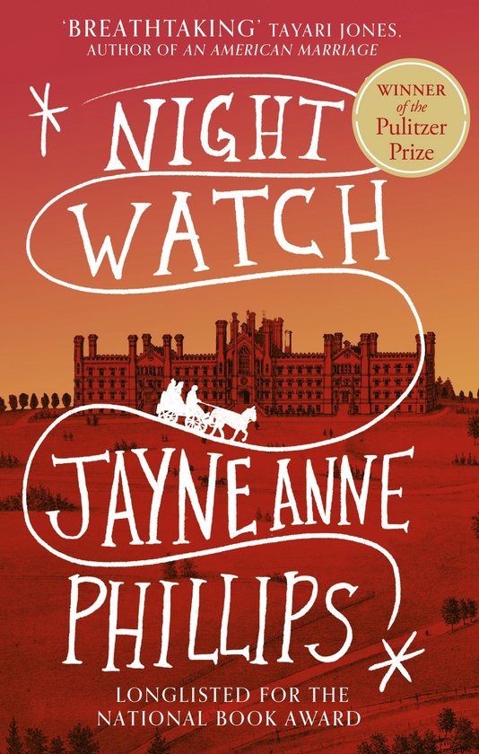 Boekomslag van 'Night Watch' door Jayne Anne Phillips, met de titel in sierlijke letters op een rode achtergrond met een gebouw en paard en wagen.