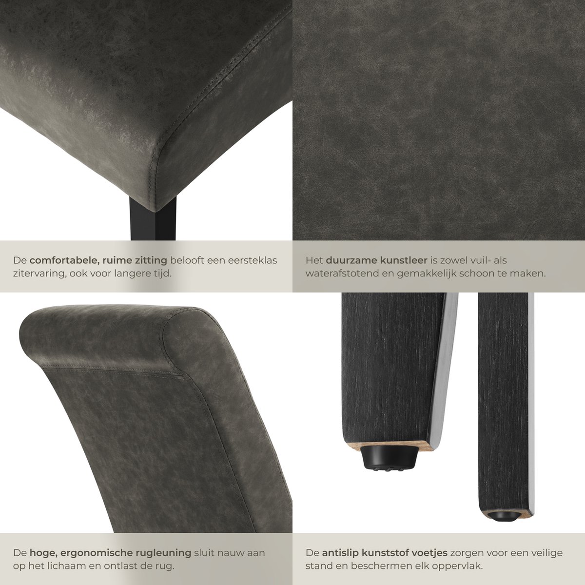 tectake® Eetkamerstoel - Comfortabele kunstleren stoel met hoge rugleuning - Keukenstoel voor keukentafel - Gestoffeerde keukenstoel - Diverse kleuren en sets - Maximale belasting 120 kg - Afmeting (LxBxH) 44 x 63 x 106 cm - Set van 4 - Grijs – foto 5