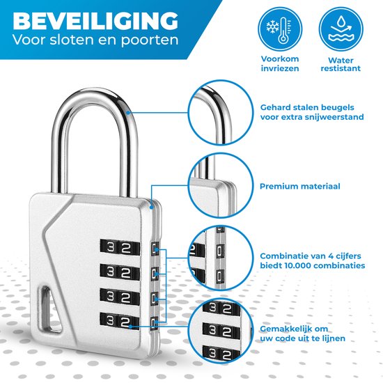 Zilverkleurig cijferslot met gehard stalen beugel, premium materiaal. Biedt 10.000 combinaties.