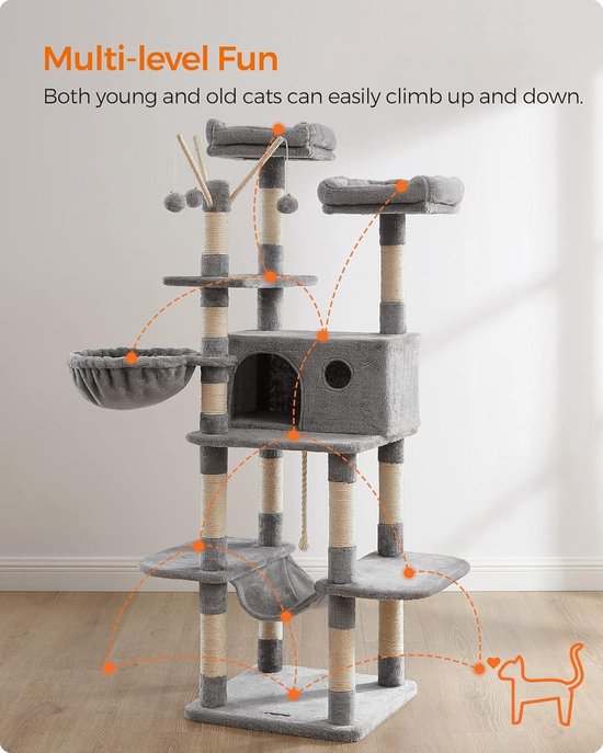 Grijze, meerlaagse kattenboom met huisje, mandje en plateaus. Pijlen tonen verbindingen.