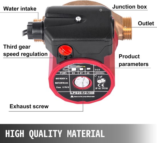 Vevor - Waterpomp - Watercirculatiepomp - 50L/min 3-Snelheidsregeling - voor warmwatercirculatie - Warm, Douche & Tuin - Rood — afbeelding 4