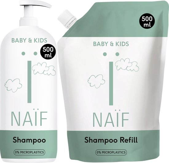 Naïf - Shampoing Shampooing - Flacon Pompe et Recharge - 2x 500 ml - Bébés et Enfants - aux Ingrédients Naturels