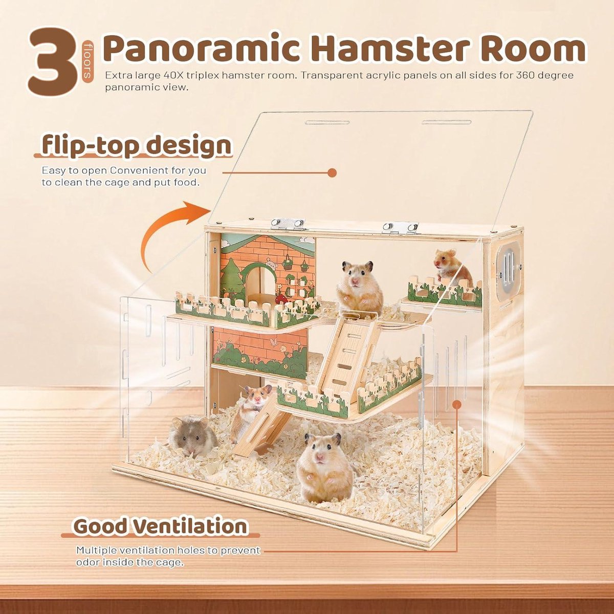 Wooden Hamster Cage, Hamster Cages and Habitats with Transparent Acrylic Front Panel Rat Hamster Cage Wooden Habitat Box for Dwarf Hamster Large Hamster Cage (Size : 60 * 40 * 40cm