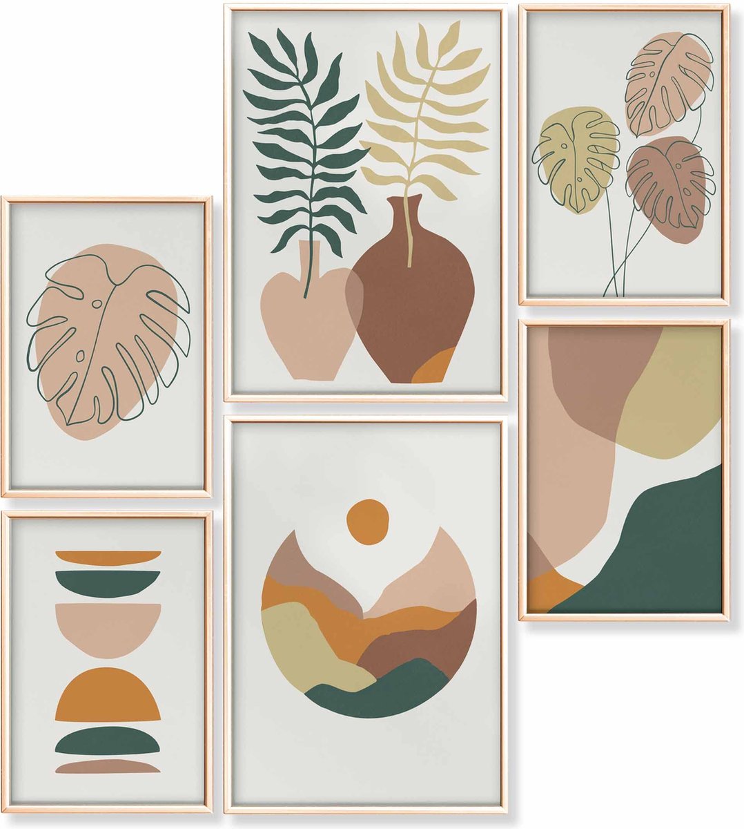 La'Moussawi ® Moderne Botanische Kunstset voor Woonkamer: 6 Posters in Warme Aardetinten, Zonder Lijsten