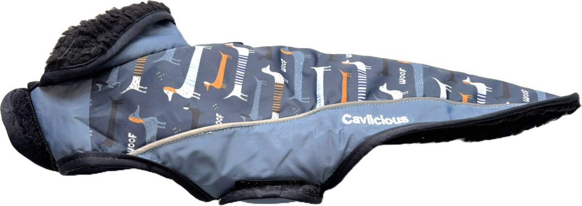Cavlicious® hondenjas teckel - softshell - gevoerd - grijs met teckeltjesmotief - L