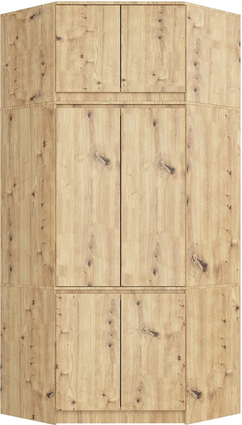 Houten hoekkast met zes deuren en een natuurlijke eikenprint.