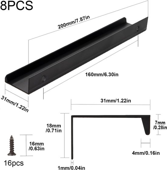 Titre : Poignées de meuble dissimulées noires de 200 mm pour portes et tiroirs d'armoire – Set de 8 pièces avec vis