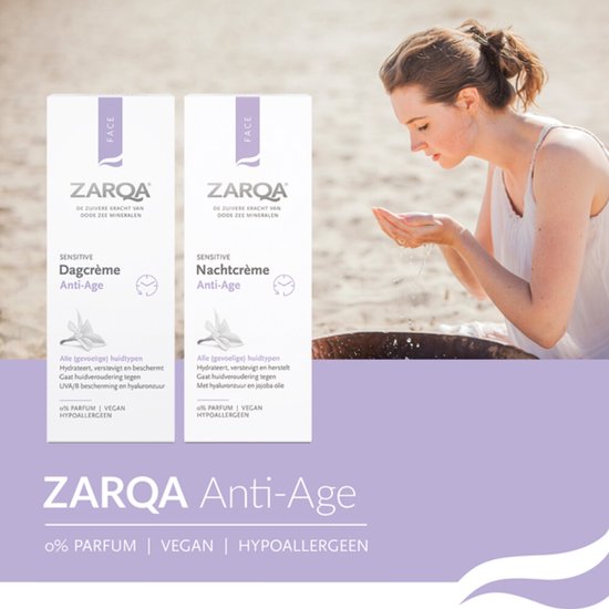 Vrouw met huidverzorgingsproducten van Zarqa, met de nadruk op anti-aging