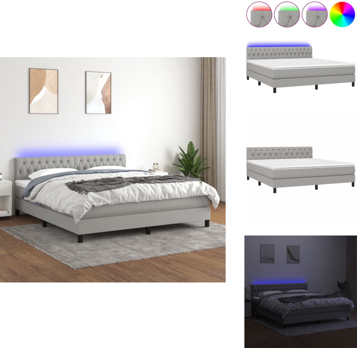 vidaXL Boxspring - Boxsprings - Bed - Slaapmeubel - Boxspring met matras en LED stof lichtgrijs 160x200 cm