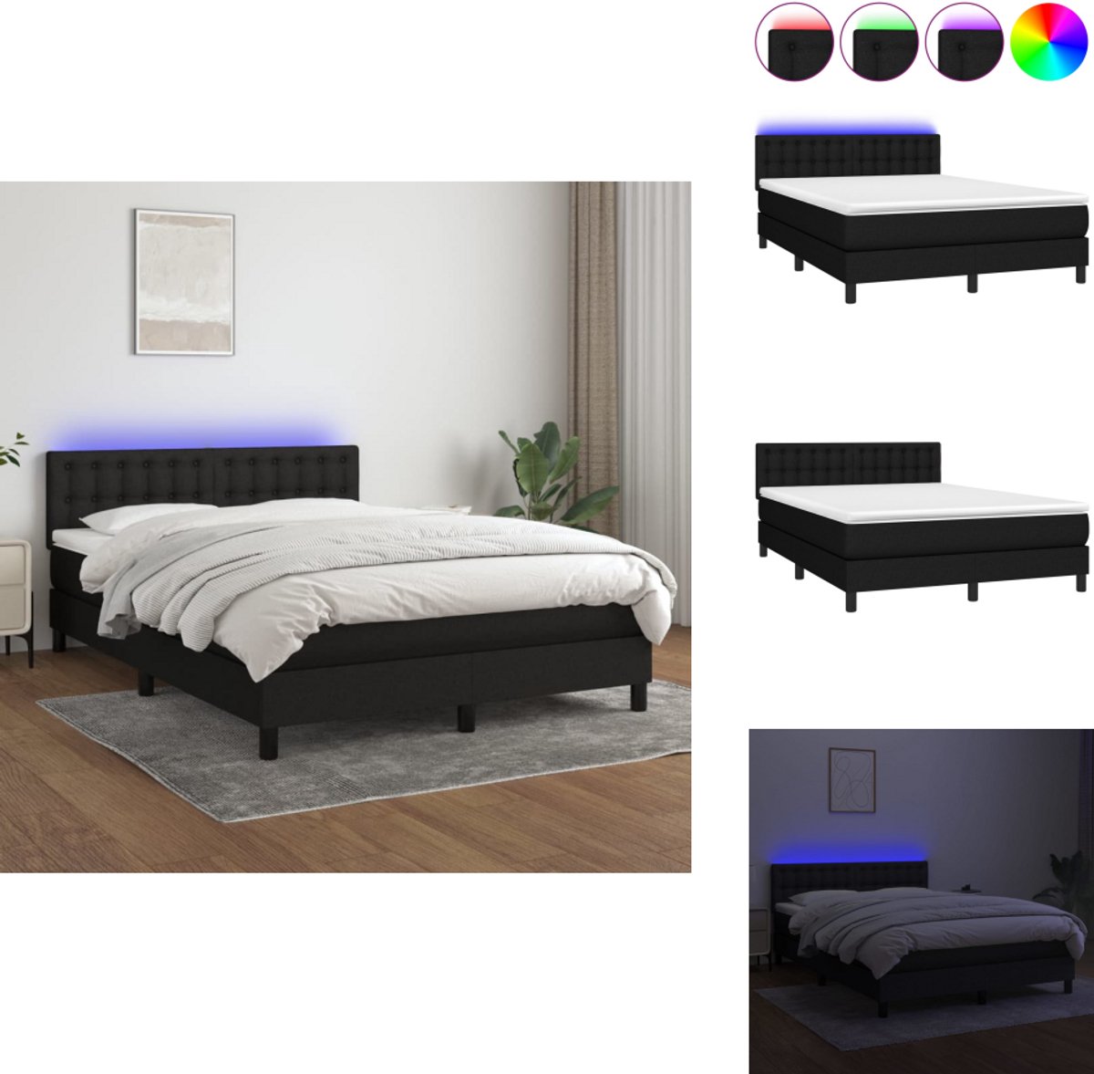 vidaXL Boxspring - Boxsprings - Bed - Slaapmeubel - Boxspring met matras en LED stof zwart 140x190 cm