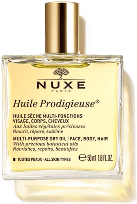 Nuxe Huile Prodigieuse multi-purpose dry oil in een glazen fles met gouden dop. 50 ml.