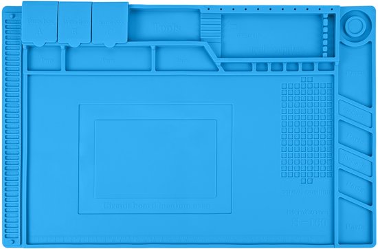 Blauwe antistatische mat met diverse vakjes voor onderdelen, gereedschap en een circuitbord locatiegebied.