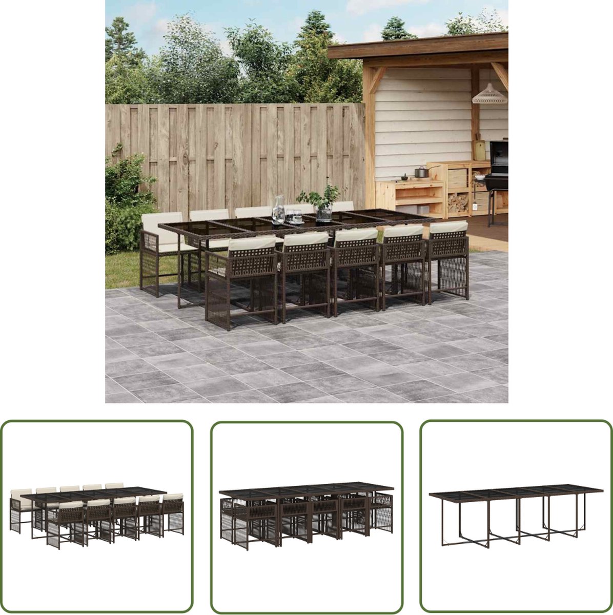 The Living Store 11-delige Tuinset met kussens poly rattan bruin - Tuinset - Buitendecoratie - Lounge Set - Eetkamerset - PE-rattan