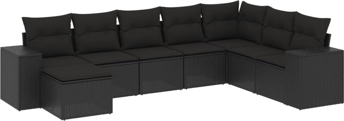 Zwarte poly rattan loungeset met kussens voor tuindecoratie - The Living Store.