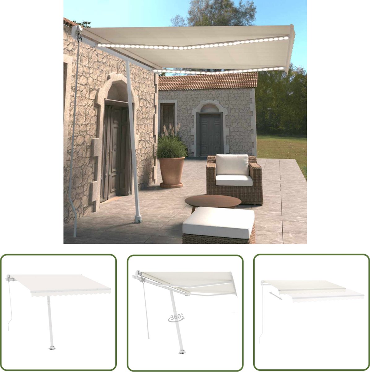 Automatic cream-colored outdoor awning with LED lights and wind sensor, measuring 300x250 cm.